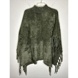 Strazzi By Cyrus Women’s Poncho Sweater Size Medium Green Fringe Boho Mock Neck